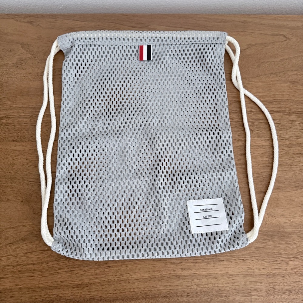 Thom Browne New York Grey Mesh Drawstring Backpack Bag Tricolor Tab